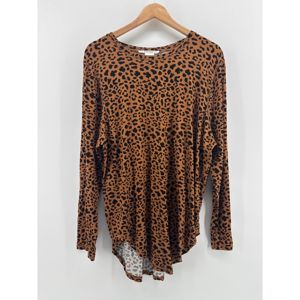 K Jordan Top Womens Brown Black Leopard Print Stretch Crew Neck Long Sleeve 2X
